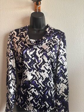 St. John Abstract Print Cowl Neck Top in White, Black & Purple